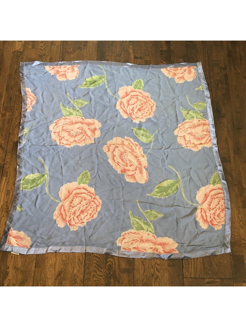 April Cornell Floral Square Scarf • Blue Mixed Media Rayon • 41” x 41” • Cottage